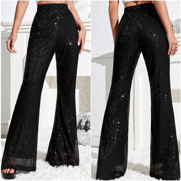 Luxe Sequin Stretchy waist Flare Wide leg Pants - Picture 4 of 4